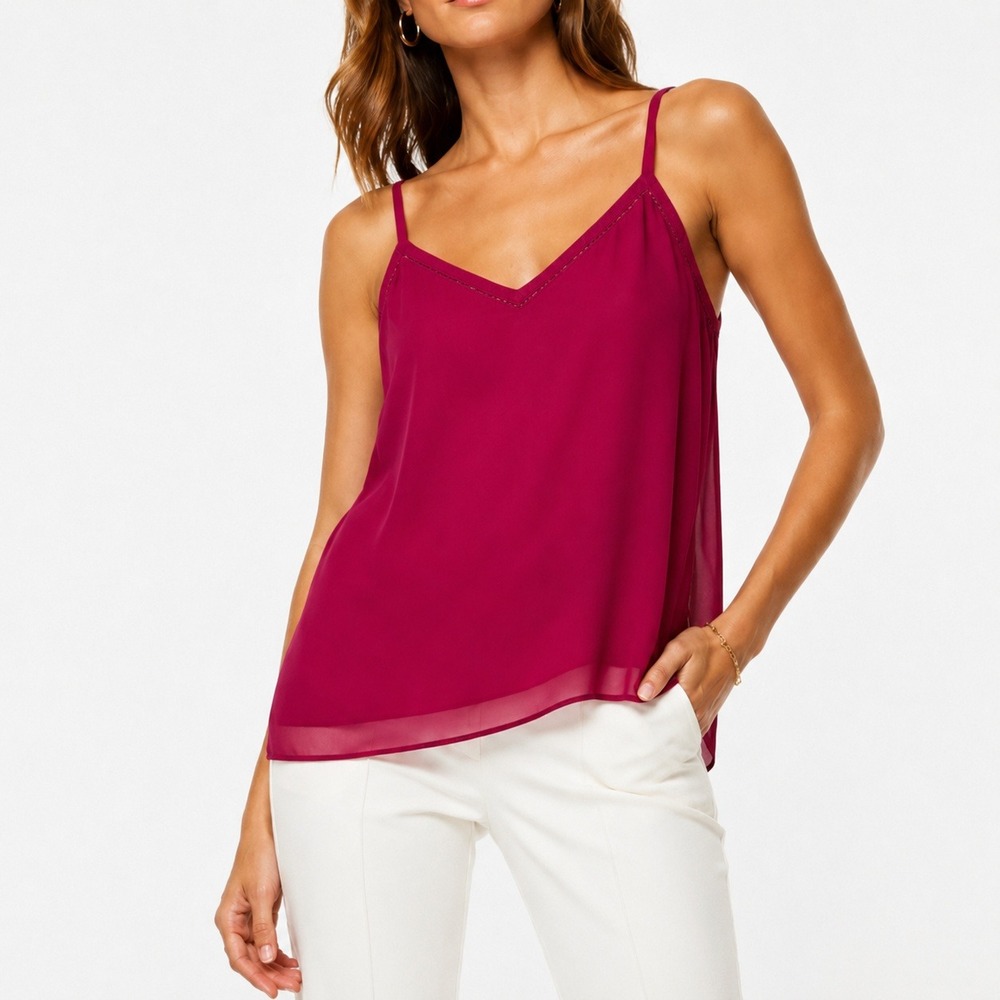 Loft Berry Pink V-Neck Chiffon Camisole Tank Top XS Adjustable Straps Embroidery